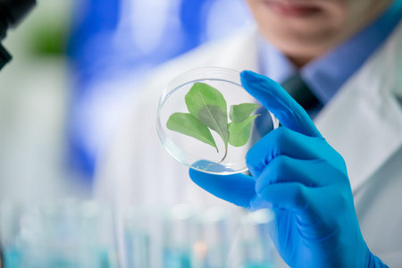 close up of asian scientist take petri dish which has leaf in 