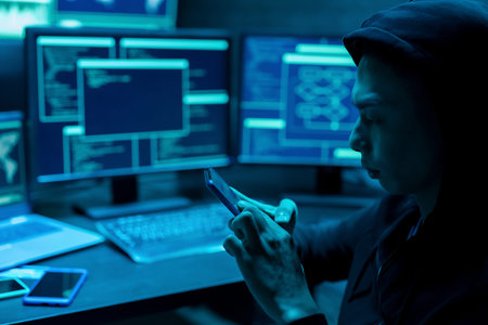 closeup of asian male hacker using mobile phone