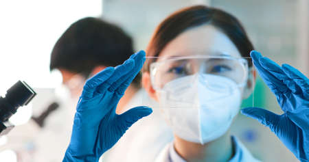 Asian female scientist or microbiologist look the blank virtual display on transparent futuristic tablet pc in the labの写真素材
