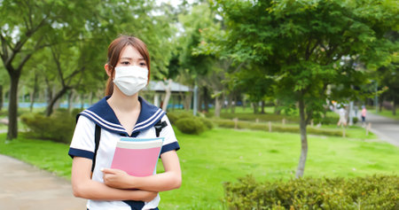 Asian high school student wear face mask and walk through the campusの写真素材