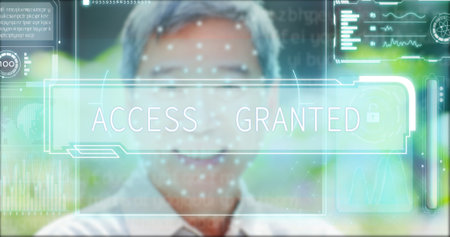 Facial Recognition System concept-Futuristic and Technological Scanning of asian old man faceの写真素材