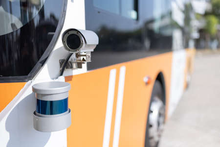 Smart self driving car with detecting route camera-Autonomous bus on its routeの写真素材