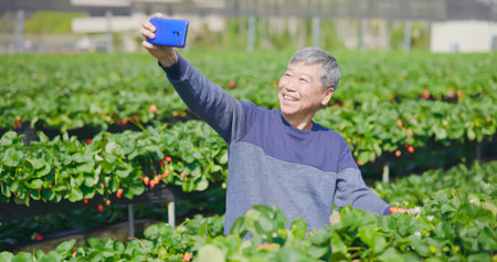 agriculture technology concept-successful asian senior male agronomist take selfie with his crop and...