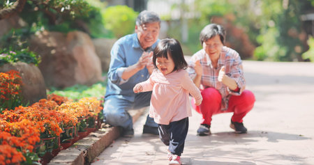Authentic shot of asian senior couple are playing with their granddaughter-the little girl is running happilyの写真素材