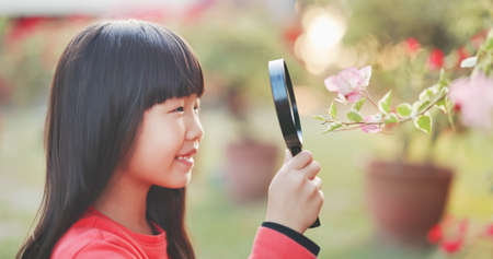 Asian girl hold magnifer and observe flower with curiosity happilyの写真素材