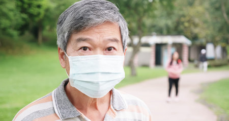 elder man wear facial mask to prevent coviid-19 spread and look at you in the park