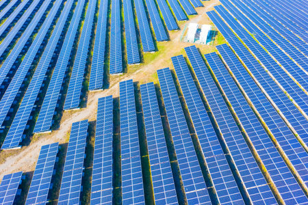 Aerial top down photo of solar panels in farm with green tree and sun lighting reflect-Photovoltaic...