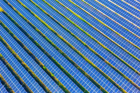 Aerial top down photo of solar panels in farm with green tree and sun lighting reflect-Photovoltaic plant fieldの写真素材
