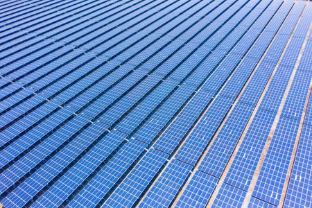 Aerial top down of solar panels-Photovoltaic plant field