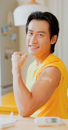 asian man gets vaccinated and shows his arm at home