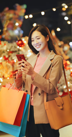 asian woman use smartphone after shopping at night