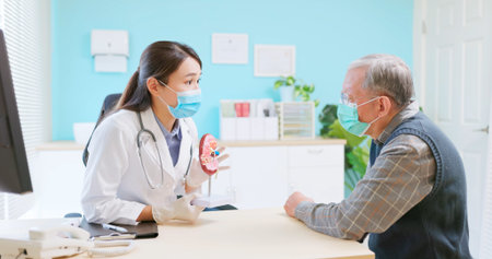 asian female doctor wearing face mask is showing kidney model and explaining to elder senior man...