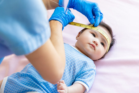 asian doctor measure baby head by tape to check-up his grow curve and infant lying on bedの写真素材