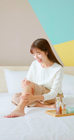 happy beauty skin care asian woman apply moisturizer cream or lotion on her leg in bedroom at home in winterの写真素材