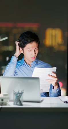 Asian business man in office reading bills and worrying about futureの写真素材