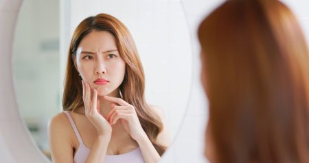 asian woman looking in mirror is annoyed about her allergy or acne skin problemの写真素材