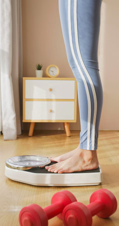 closeup feet of asian woman measure weight on scale after exercise