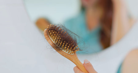 closeup hairbrush - asian worried woman standing in front of mirror has hair loss problemの写真素材