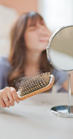 asian girl worry about hair loss - with the combの写真素材