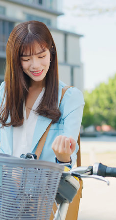 asian businesswoman using smart watch to rent and ride a bike commuting in the cityの写真素材