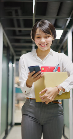 asian happy business woman quit her job and using mobile phone while walking in company hallway with boxの写真素材