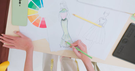 top view closeup asian female fashion designer handmade draw and design clothesの写真素材