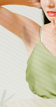 closeup asian female got armpit skin darkness problem - she feels so unhappy and worried about...