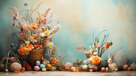 Spring flowers arrangement for easter holidays on blue backgroundの素材