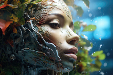 Fantasy abstract art of mother earth with branches and leaves on her faceの素材