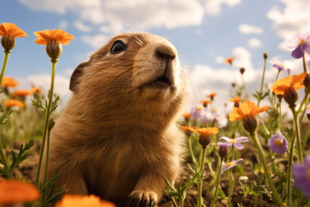 Joyful groundhog amid spring flowers, celebrating Groundhog Dayの素材