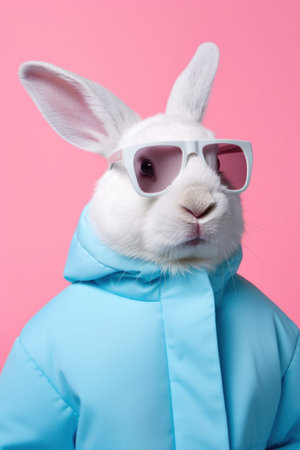 Fashion portrait of easter bunny wearing sunglasses dressed with blue jacket on pink backgroundの素材
