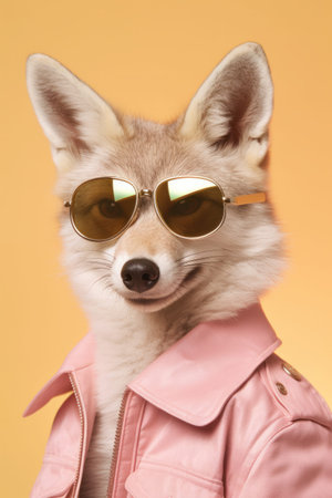 Closeup portrait of a fox dressed with fashion pink jacket on yellow background wearing sunglassesの素材