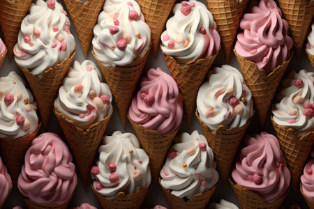 Ice cream waffle cones with candies and sweets, pink and white ice creamの素材