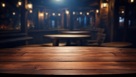 Blurred coffee shop and restaurant interior background with empty wooden tabletopの素材