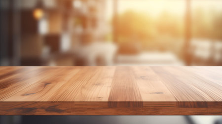 Wooden table on blurred kitchen bench background, copy space for product promotionの素材