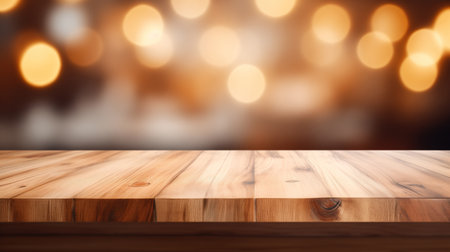 Empty wood desk for product display montages with blurry backgroundの素材