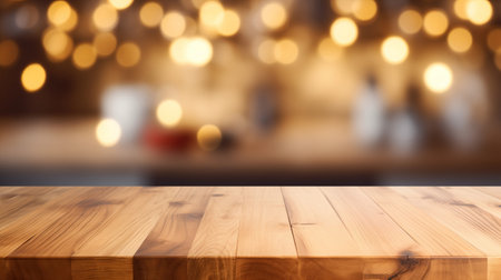 Empty wood tabletop for product display montages coffee bar blurred backgroundの素材