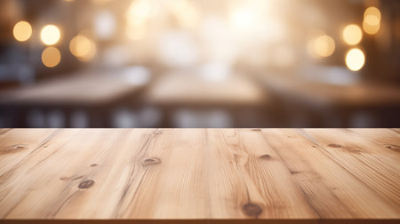 Empty wood table top for product display montages coffee bar blurry backgroundの素材