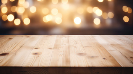 Empty wooden table desk with blurry background, for product display montagesの素材