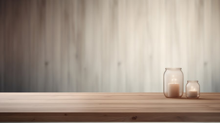 Wooden table with candles on it with minimalistic background, copy space for product promotionの素材