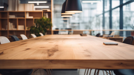 Wooden desk inside of office co-working space with blurred backgroundの素材
