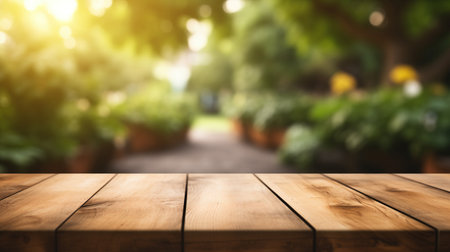 Empty wooden tabletop in the nature, copy space for product promotionの素材