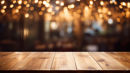 Close up empty wooden table desk on coffee shop with blurry backgroundの素材