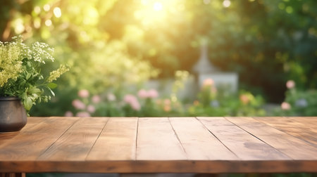 Empty wood desk in the nature, copy space for product promotion, copy space textの素材