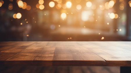 Empty wooden tabletop on coffee shop with blurry background, copy space for product promotionの素材