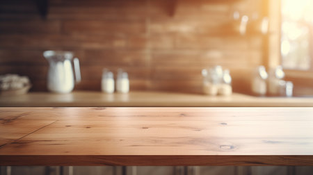 Empty wooden kitchen table with blurred backgroundの素材
