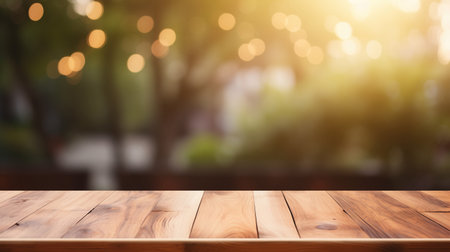 Rustic wooden table with nature garden blurred background , for copy space textの素材