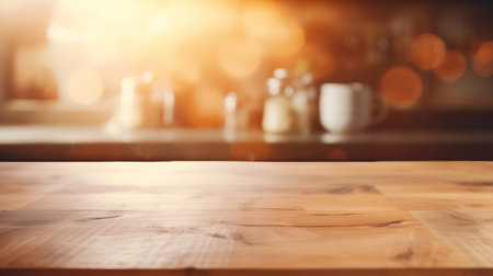 Rustic wood kitchen table and copy space with blurred backgroundの素材