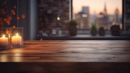 Empty rustic wooden kitchen table with blurred background for product display montagesの素材