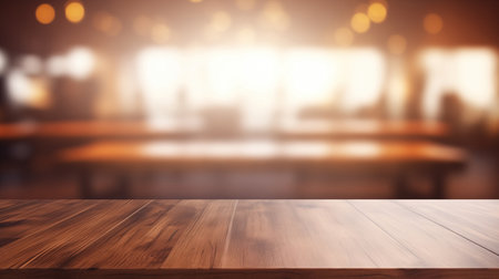Rustic Wooden Kitchen table with blurred background for copy space textの素材